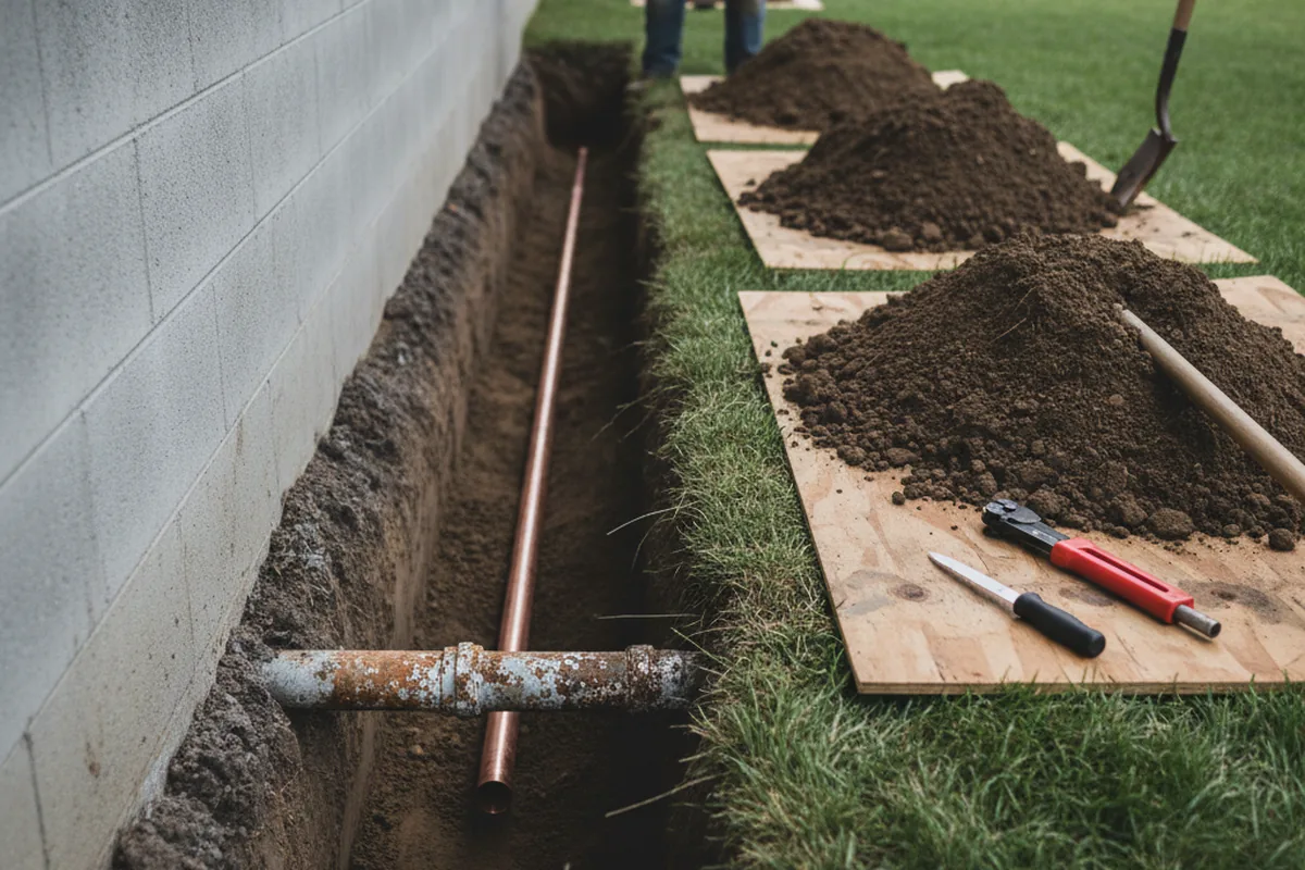 Excavated water line trench during Sewer Line Repair in Charles City